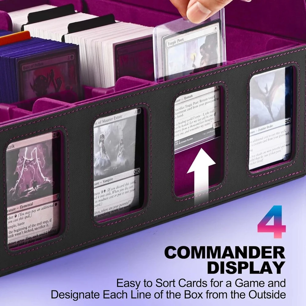 Uaono dėžutė prekybos kortelėms laikyti, skirta commander display, 2400+ mtg kortų dėžutė su 4 viršutiniais įdėklais, tcg kortų dėklas, tinkamas magic ptcg sporto kortelėms (juoda ir violetinė)
