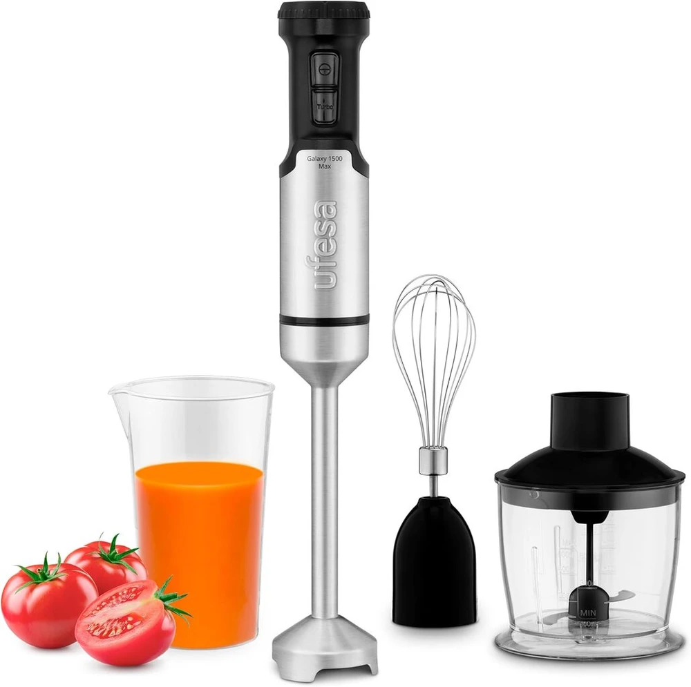 Ufesa Galaxy Max rankinis trintuvas, galia 1500 W, 24 greičio nustatymai + turbo, 4 itin efektyvūs ašmenys, ergonomiškas ir apsaugantis nuo purslų dizainas, su priedais, be Bpa