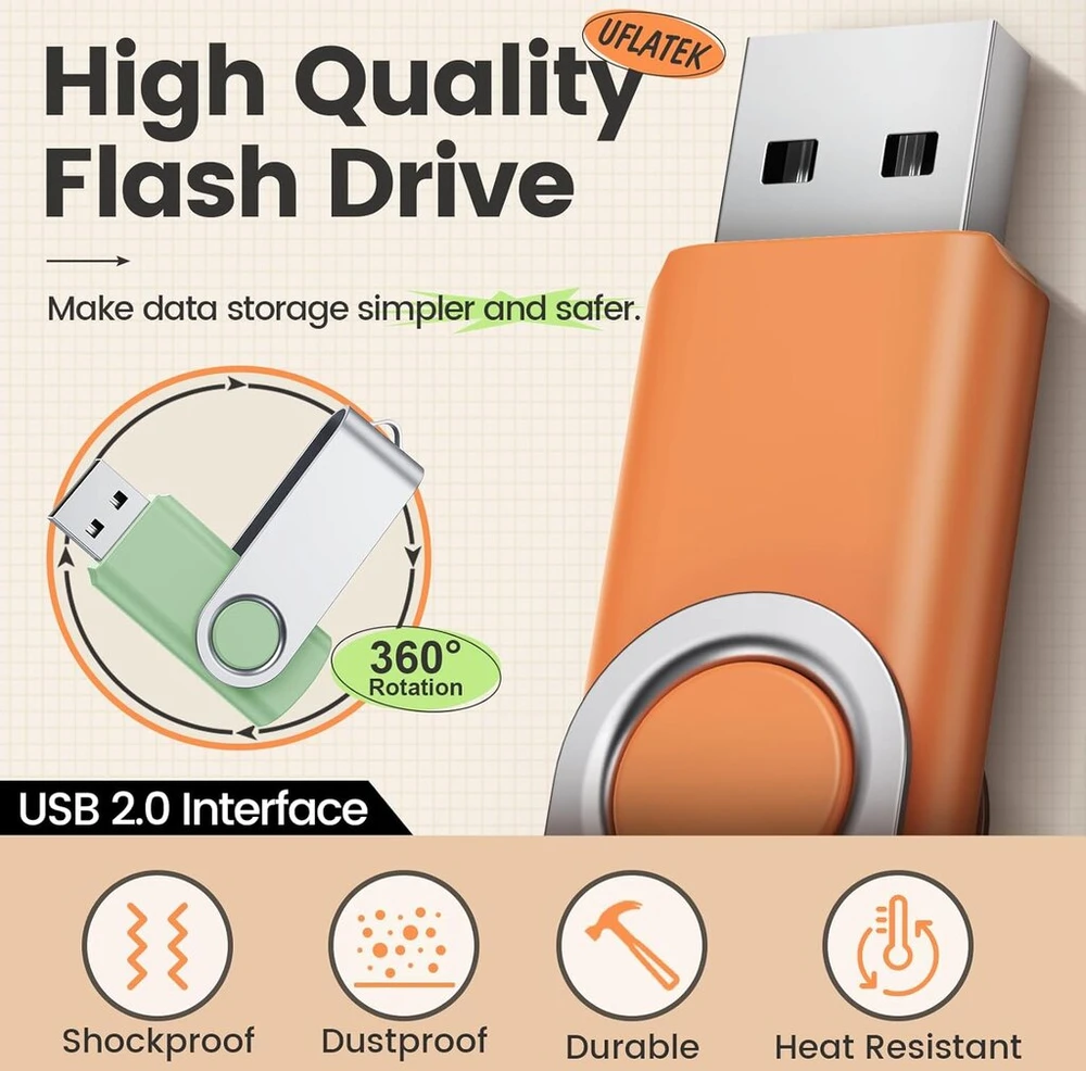 Uflatek Usb atmintinės 16 Gb, 10 vnt. Usb 2.0 atmintinė, morandi mišrių spalvų, sukamasis Usb atmintukas