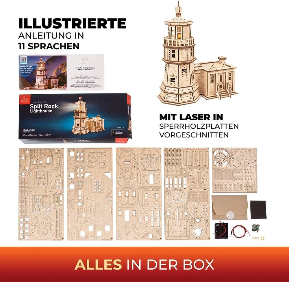 Ugears Split Rock Lighthouse 3d dėlionė - „pasidaryk pats“ miniatiūrinis pastato rinkinys, mediniai modeliai suaugusiems, skirti surinkti patiems, su led naktine lempute - 3d medinės dėlionės suaugusiems - rankdarbių dovanos inžinieriams - 295 dalys