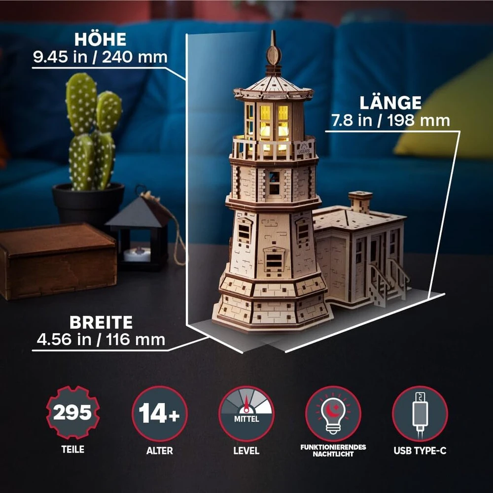 Ugears Split Rock Lighthouse 3d dėlionė - „pasidaryk pats“ miniatiūrinis pastato rinkinys, mediniai modeliai suaugusiems, skirti surinkti patiems, su led naktine lempute - 3d medinės dėlionės suaugusiems - rankdarbių dovanos inžinieriams - 295 dalys