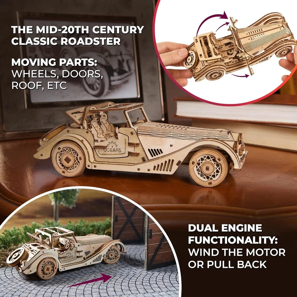 Ugears sportinis automobilis nimble pelė - 3d medinis dėlionės automobilis - modelių rinkinys suaugusiems - 3d dėlionės automobilio mediniai modelių rinkiniai - modeliavimo automobilis kabrioletas roadsteris su dvigubo variklio funkcija