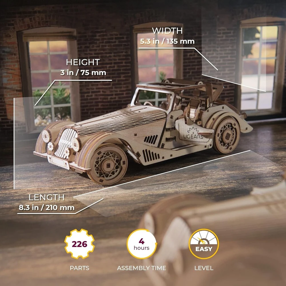 Ugears sportinis automobilis nimble pelė - 3d medinis dėlionės automobilis - modelių rinkinys suaugusiems - 3d dėlionės automobilio mediniai modelių rinkiniai - modeliavimo automobilis kabrioletas roadsteris su dvigubo variklio funkcija