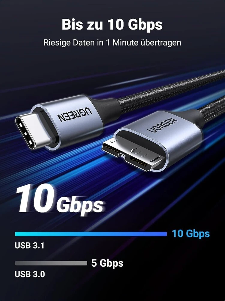 Ugreen 10 Gbps Micro B į Usb C nailoninis Usb Type C 3.1 kabelis išoriniam standžiajam diskui, suderinamas su Usb 3.0 standžiojo disko dėklu (0,5 m)