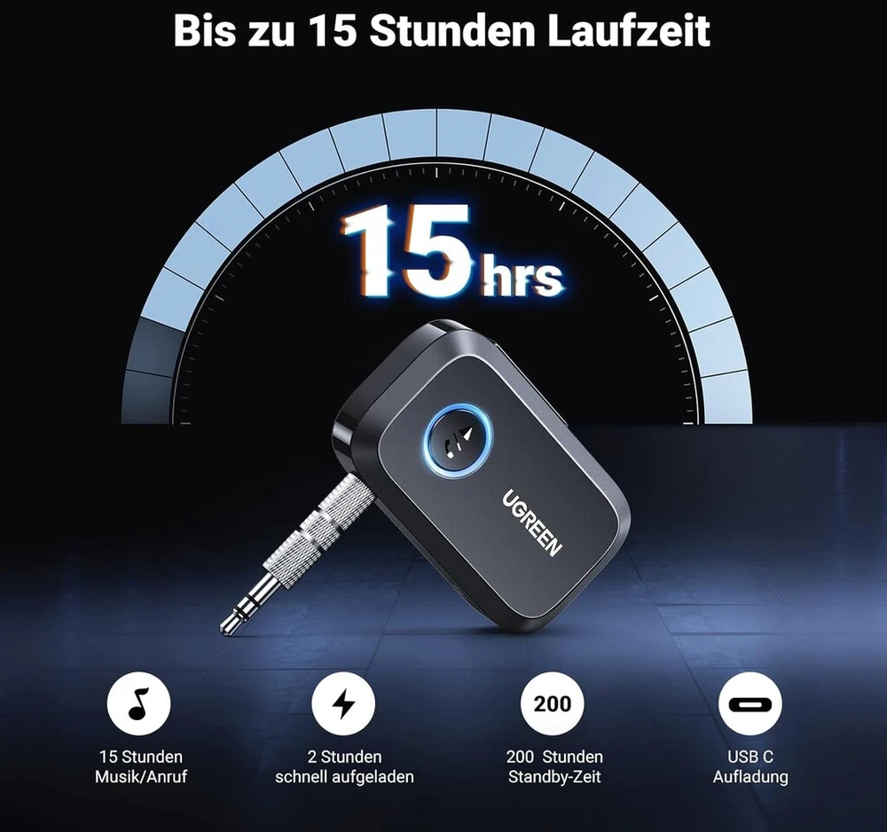 Ugreen Aux Bluetooth adapteris, automobilinis Bluetooth 5.3 imtuvas, laisvų rankų skambučiai, stereo muzika, dvigubas susiejimas su 15 valandų atkūrimo laiku, Jack Bluetooth adapteris automobilio radijui/stereo sistemai/ausinėms, juodas
