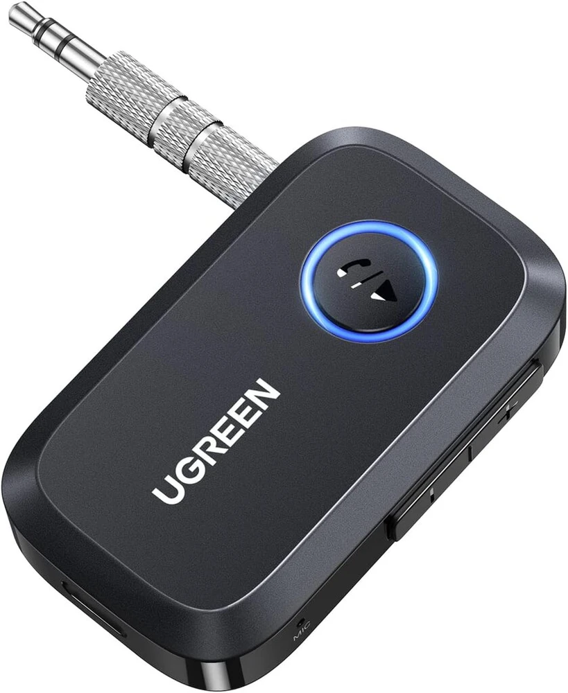 Ugreen Aux Bluetooth adapteris, automobilinis Bluetooth 5.3 imtuvas, laisvų rankų skambučiai, stereo muzika, dvigubas susiejimas su 15 valandų atkūrimo laiku, Jack Bluetooth adapteris automobilio radijui/stereo sistemai/ausinėms, juodas