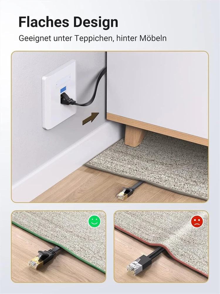 Ugreen ethernet kabelis, 3m cat 7 gigabit lan tinklo rj45 didelio greičio patch cord plokščias dizainas 10gbps 600mhz/s stp molded for switch, router, modem, patch panel, pc ir daugiau