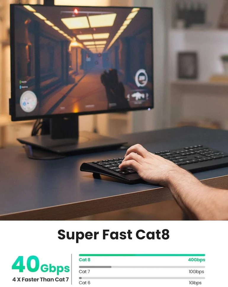 Ugreen Lan Cat 8 plokščias Ethernet kabelis 40gbits/2000mhz Poe S/ftp ekranuotas tinklo kabelis Wlan interneto patch kabelis su Rj45 suderinamas su maršrutizatoriumi, jungikliu, Ps5, Ps4/3 ir kt. (1m)