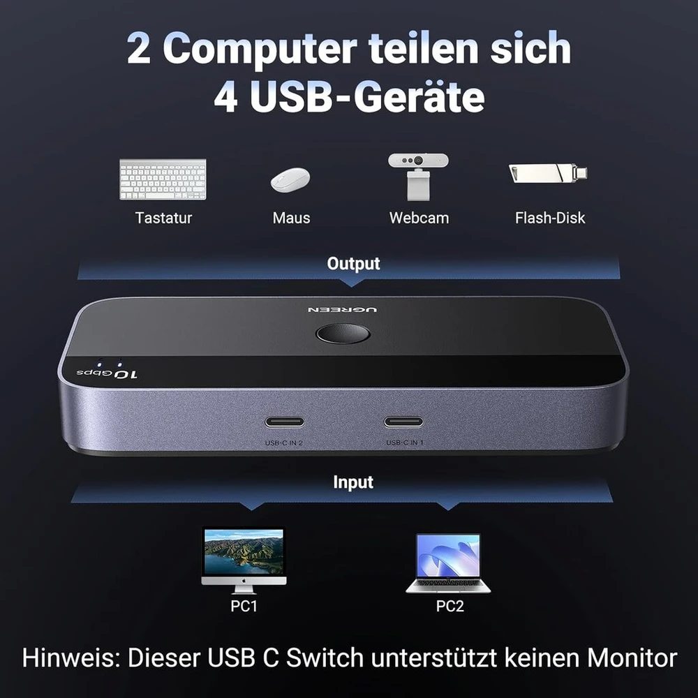 Ugreen Usb C jungiklis 10gbps 2 į 4 su valdymo pulteliu