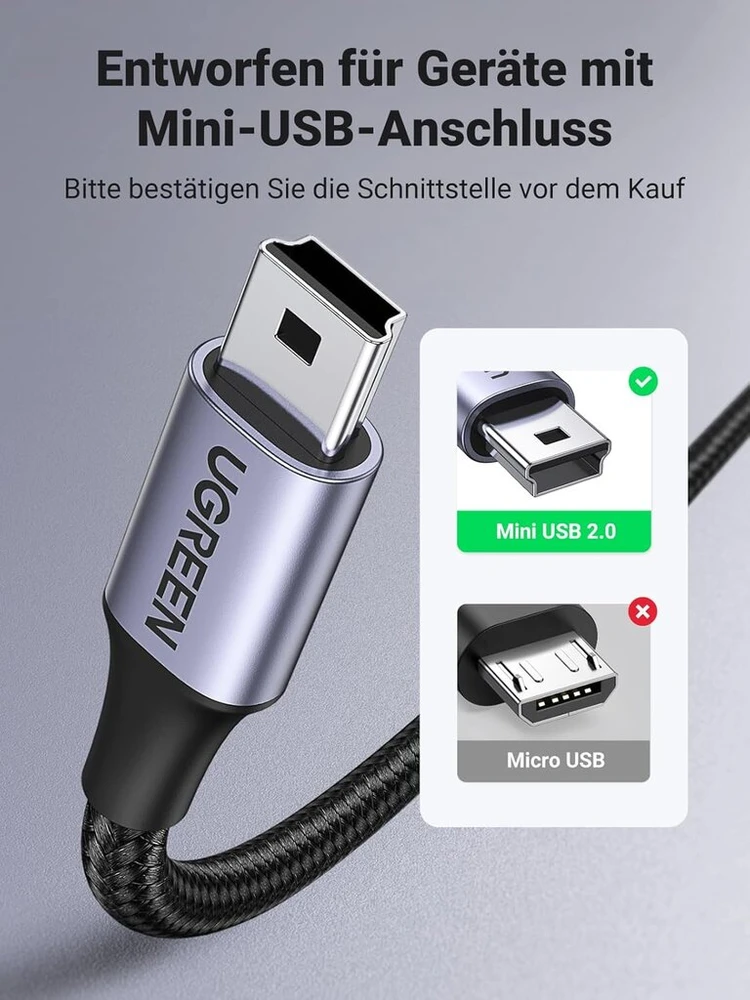 Ugreen usb mini-b įkrovimo kabelis usb a male į mini usb male nailoninis, suderinamas su ps3 žaidimų valdikliu, išoriniu kietuoju disku, dash cam, mikrofonu ir kt. (3 m)