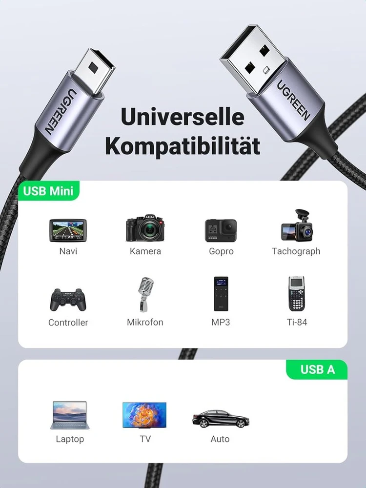 Ugreen usb mini-b įkrovimo kabelis usb a male į mini usb male nailoninis, suderinamas su ps3 žaidimų valdikliu, išoriniu kietuoju disku, dash cam, mikrofonu ir kt. (3 m)