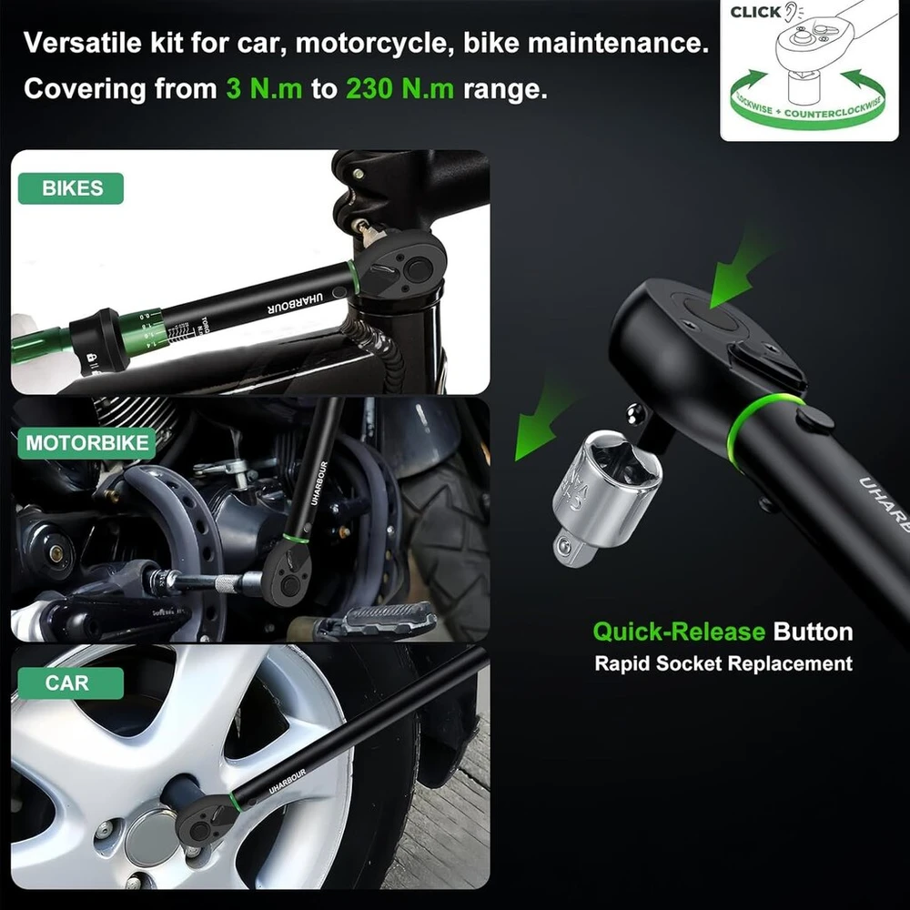 Uharbour dinamometrinis raktas rinkinys 1/4 & 3/8 & 1/2 colio, 3-25 Nm, 5-60 Nm, 20-230 Nm, dinamometrinis raktas rinkinys automobiliui, motociklui ir dviračiui su 1/2 3/8 1/4 adapteriu, ±3% tikslumas, 72 dantų reketas