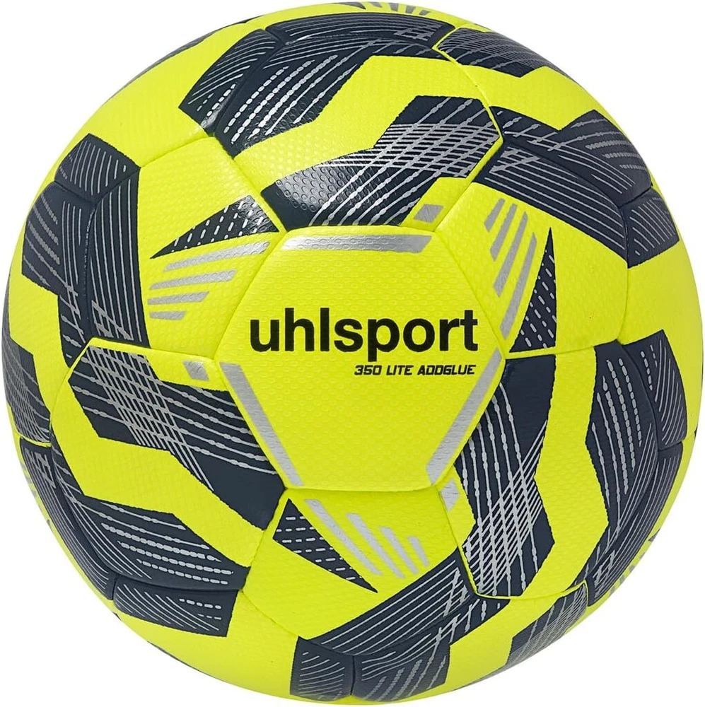 Uhlsport 350 Lite Addglue Junior vaikiškas futbolo kamuolys treniruočių kamuolys vidaus ir lauko vejai vaikams nuo 10 iki 12 metų, futbolo kamuolys, fluo geltonas/tamsiai mėlynas/sidabrinis