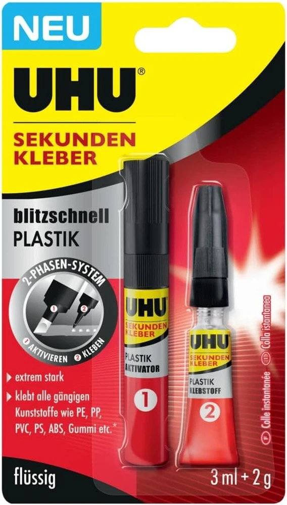 Uhu superklijai lightning fast plastikas, žaibiškai greiti 2 fazių antriniai klijai, skirti klijuoti visus įprastus plastikus, 2 g + 3 ml