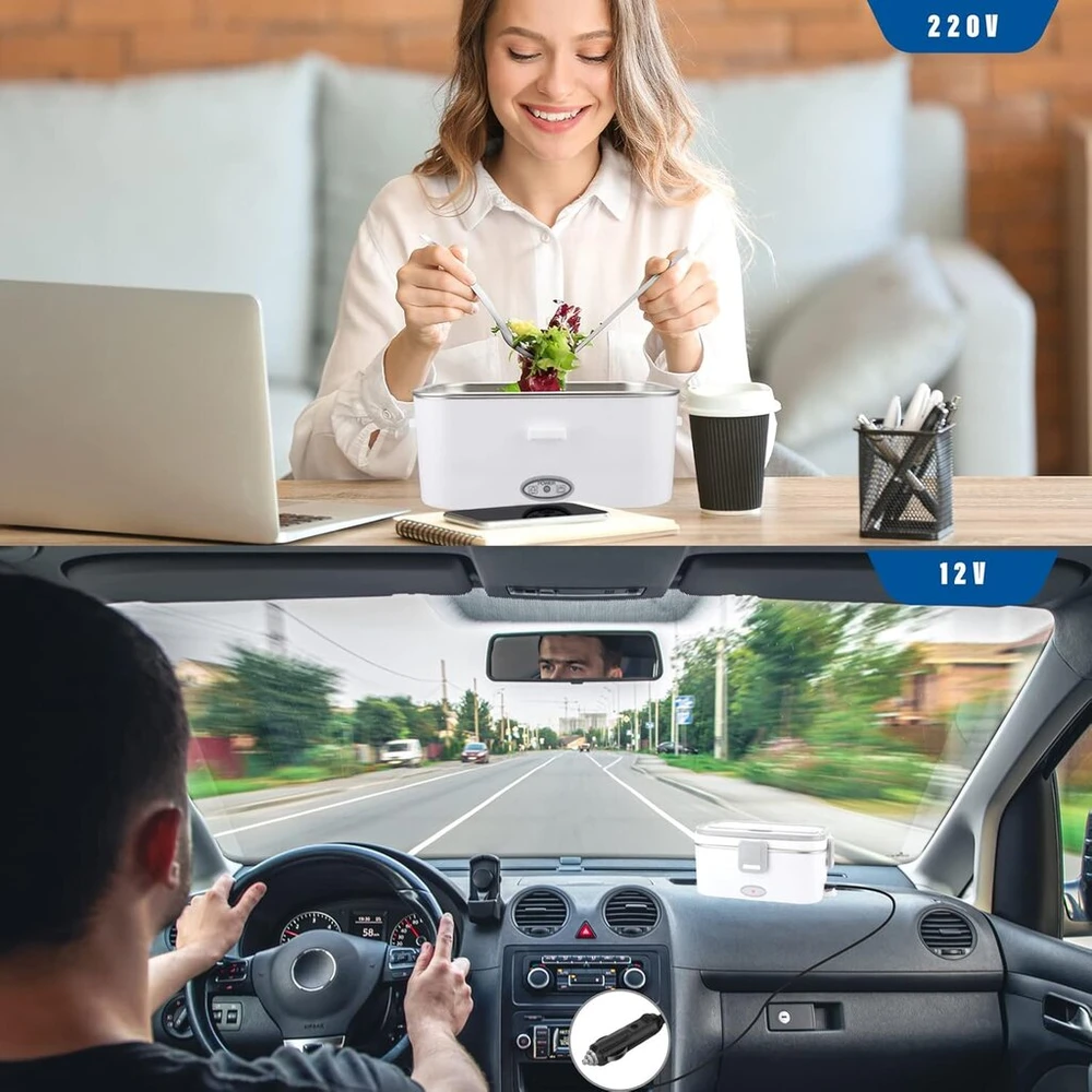 Ukofew 1.8 l elektrinis priešpiečių dėžutė, 60 w šildomas maisto konteineris automobiliui, sunkvežimiui ir biurui, šildoma priešpiečių dėžutė, 12 v, 24 v ir 220 v, nerūdijančio plieno termosas, karštas maistas su stalo įrankiais ir bento rinkiniu