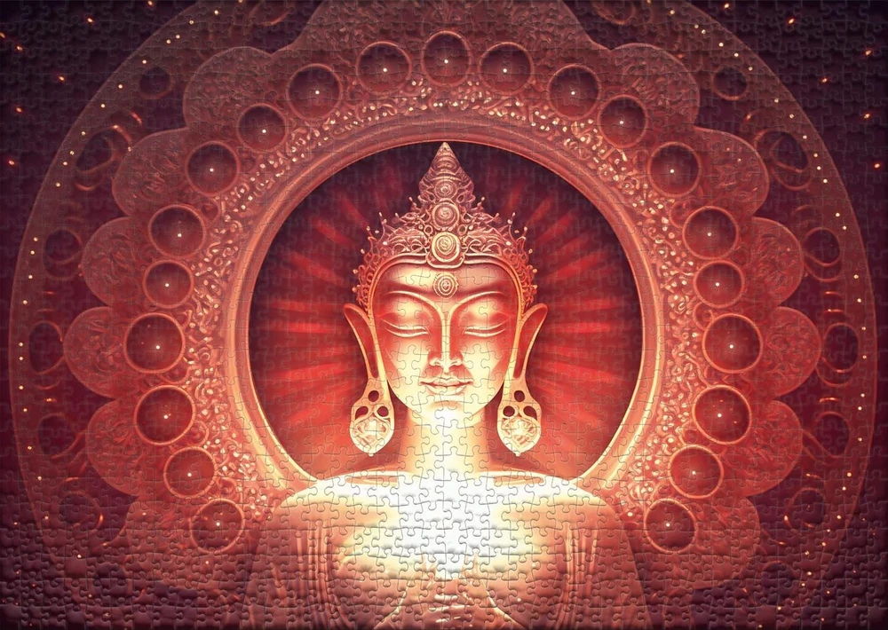 Ulmer Puzzleschmiede - Buddha dėlionė "silent Enlightenment" - intensyvi 1000 dalių dėlionė suaugusiems - Budos figūra raudonos/auksinės spalvos spindesyje mandalos centre - vokiška dėlionės kokybė