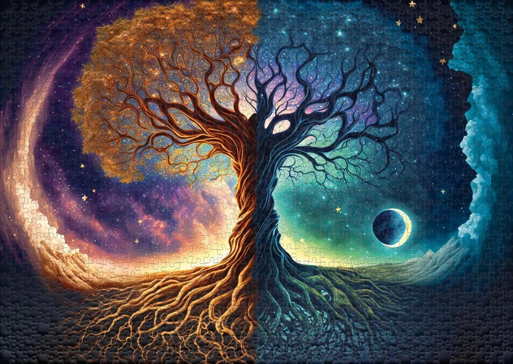 Ulmer Puzzleschmiede dėlionė 1000 dalių "world Tree" - magiškai tamsus Yggdrasil motyvas - šiaurės mitologija - aukščiausios kokybės dėlionė suaugusiems - kokybė pagaminta Vokietijoje