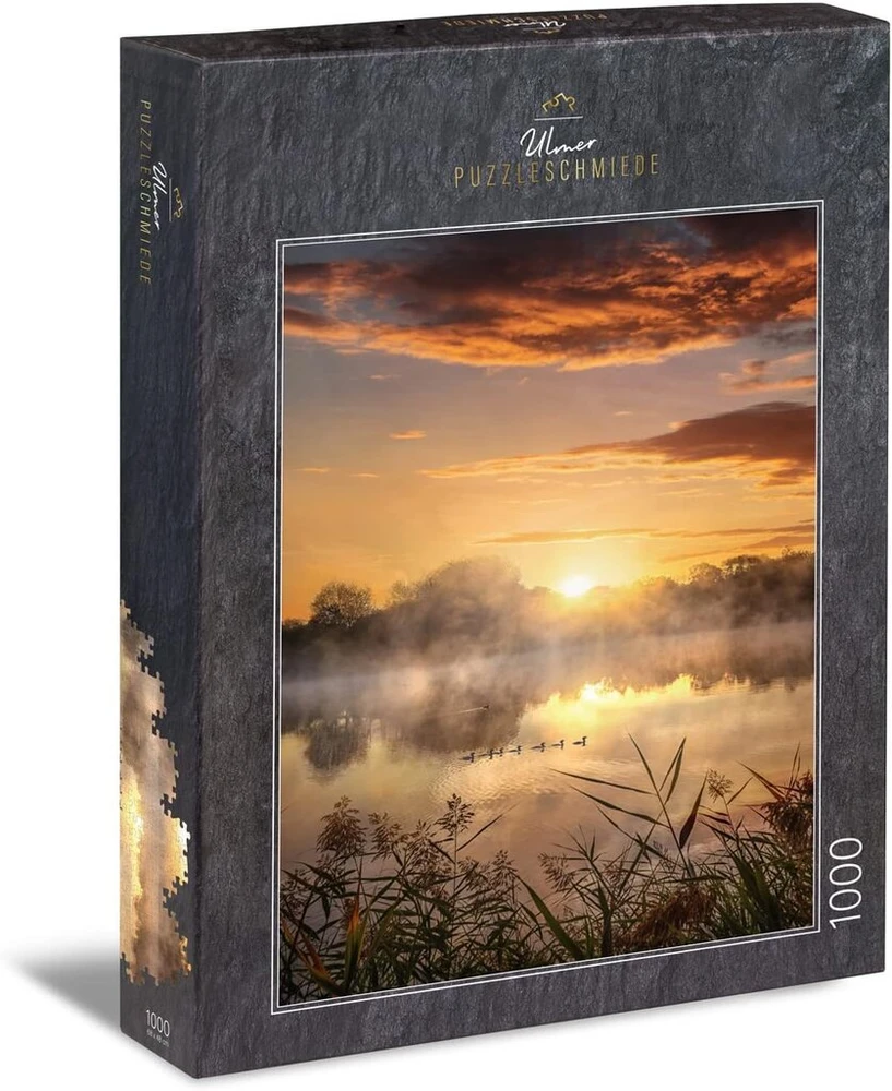Ulmer Puzzleschmiede dėlionė "morgenstund" - klasikinė 1000 dalių dėlionė su ežero motyvu - atmosferinis ežero kraštovaizdis ryte su ančių šeima vandenyje - pagaminta Vokietijoje