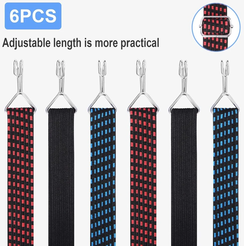 Unideal 6 elastinių įtempimo diržų rinkinys, elastinė juosta su kabliukais, įtempimo diržo plotis, 2 m ilgio įtempimo elastinis tvirtinimo diržas, krovinių pakavimas ir tvirtinimas dviračių laikikliams, motociklų bagažui