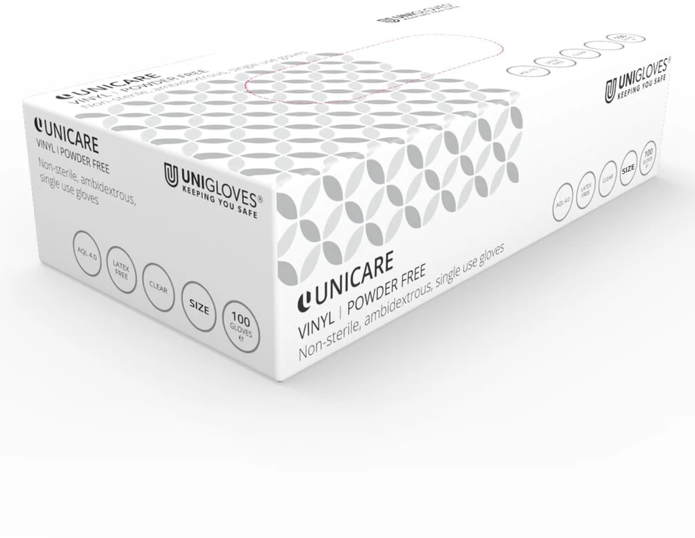 Unigloves Unicare Gs0062 universalios vinilinės be pudros, be latekso, vidutinio svorio vienkartinės pirštinės, 100 vnt. dėžutė, skaidrios, mažos