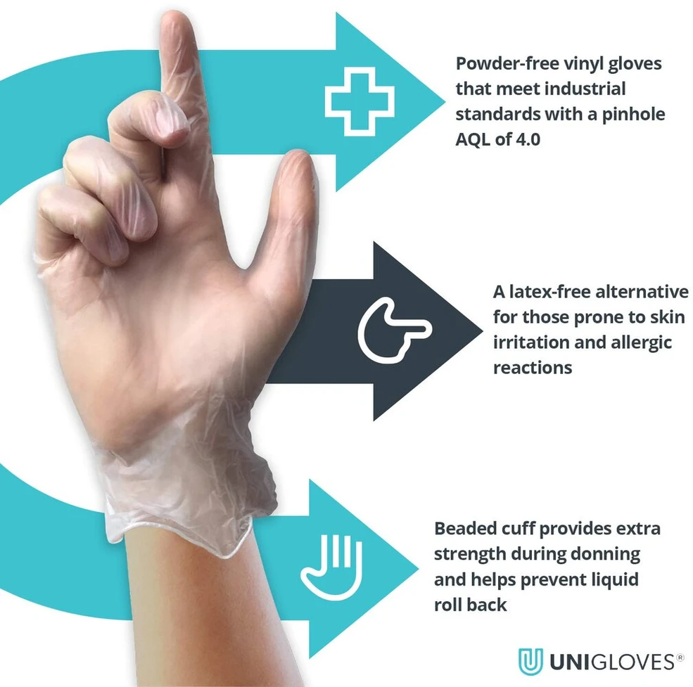 Unigloves Unicare Gs0062 universalios vinilinės be pudros, be latekso, vidutinio svorio vienkartinės pirštinės, 100 vnt. dėžutė, skaidrios, mažos
