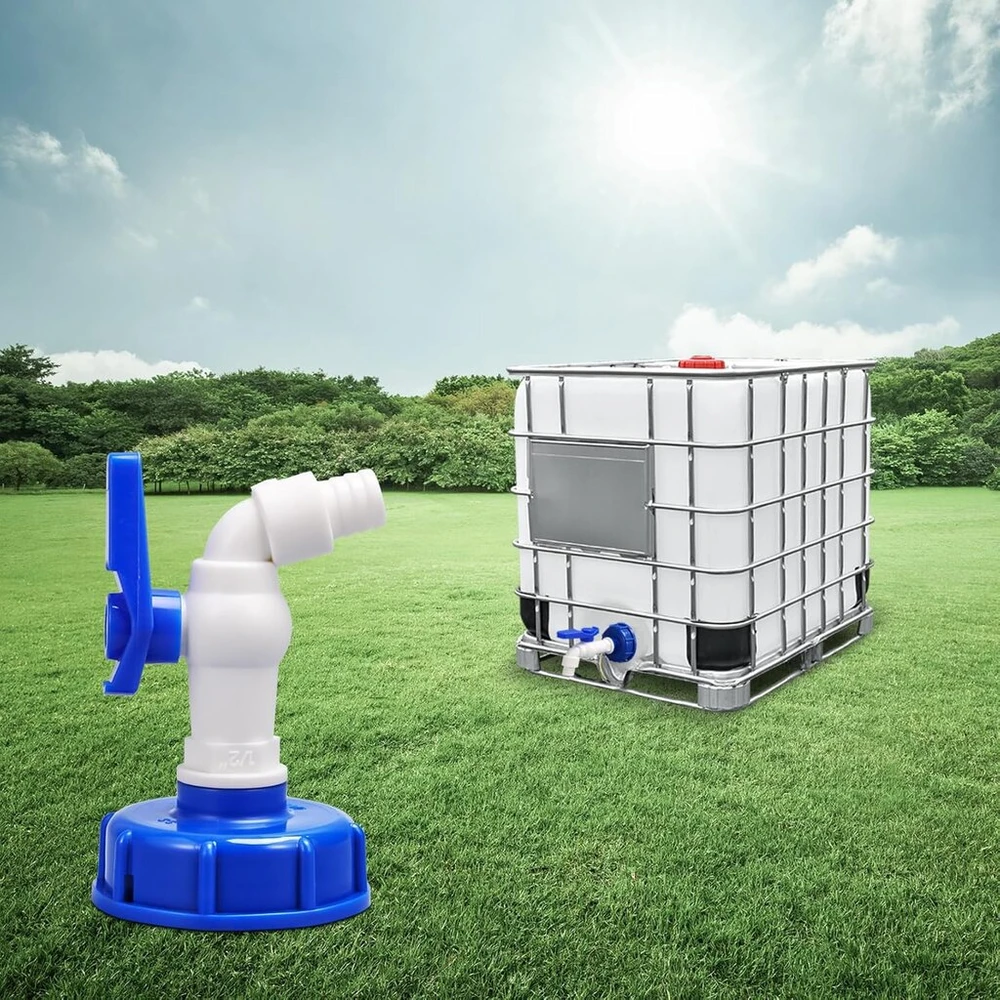 Universalus ibc konteinerio ventilio adapteris su 1/2 colio čiaupu eu stambiam sriegiui, plastikinis vandens žarnos išvadas, nepralaidus ir patvarus sodui ir pramonei (2 colių stambūs sriegiai į 1/2 colio)