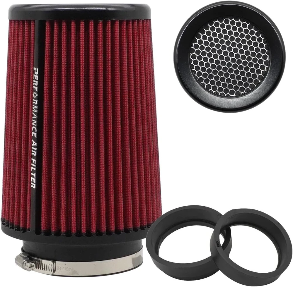 Universalus kūginis oro filtras 76 mm 89 mm 101 mm didelio našumo įsiurbimo apvalus kūginis oro filtro valiklis lenktyniniam sportiniam automobiliui 3 dydžiai viename (raudonas)
