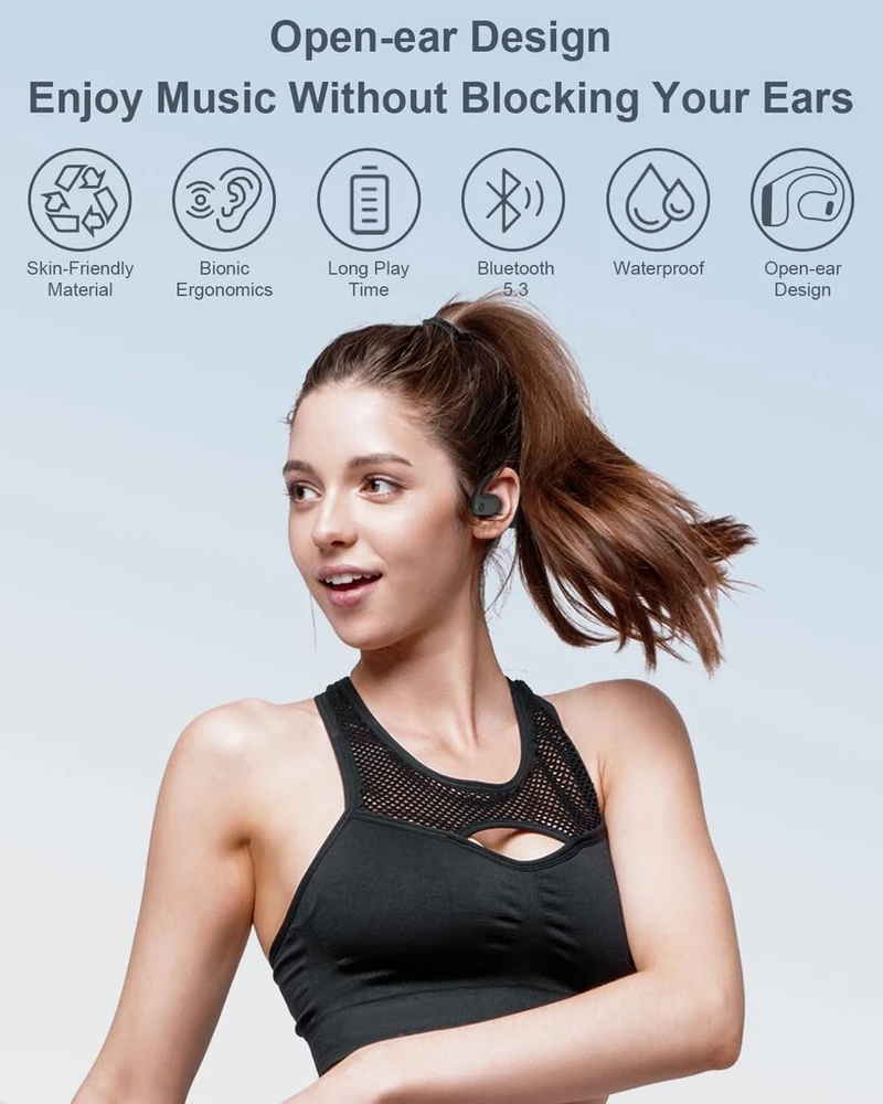 Uplayteck atviro tipo ausinės, bluetooth 5.3 ausinės su enc mikrofonu, 3d stereo garsas ir hd garso kokybė, itin patogus dizainas, 72 val. budėjimo režimas, ipx5 vandeniui atsparios ausinės bėgiojimui
