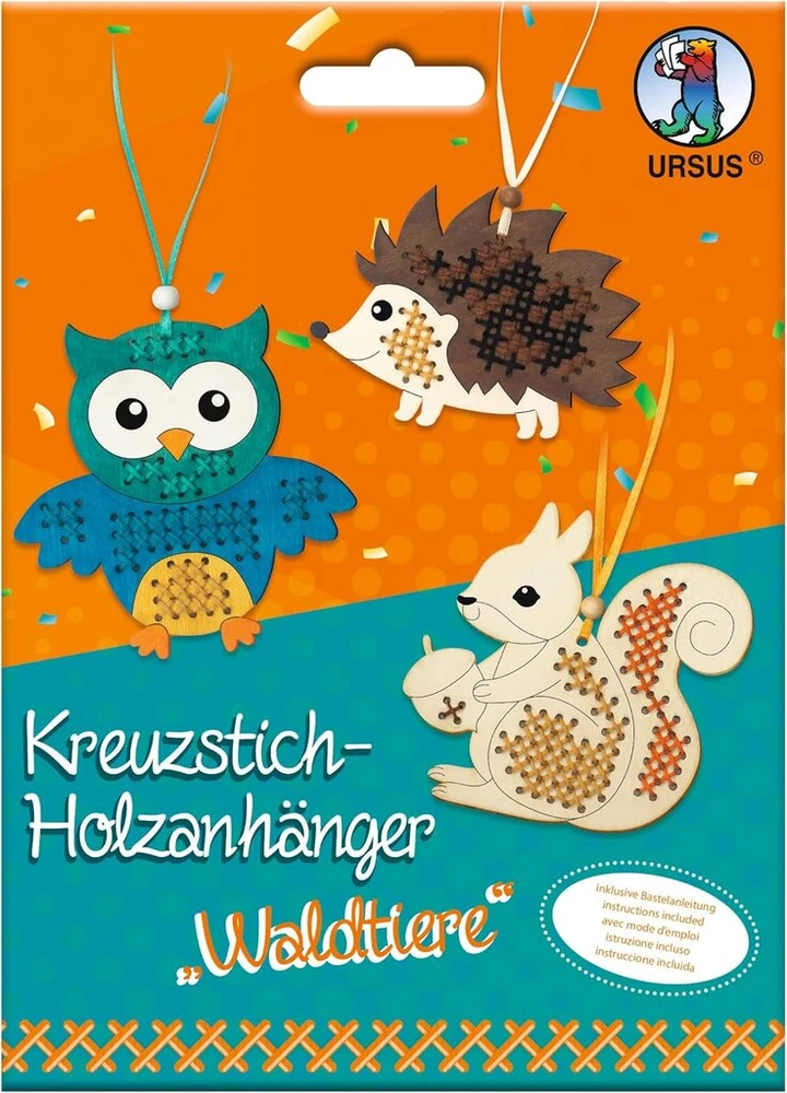 Ursus 21440003 kryželiu siuvinėjimo rinkinys „forest Animals“, rankdarbių rinkinys vaikams su 3 mediniais pakabukais, siuvinėjimo siūlai, siuvinėjimo adatos, dekoratyvinė medžiaga ir instrukcijos, spalvingas