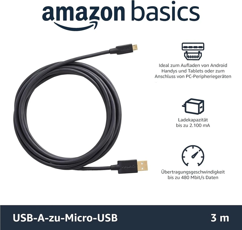 Usb A į Micro Usb 2.0 kabelių rinkinys, 5 vnt., 3m, juodi