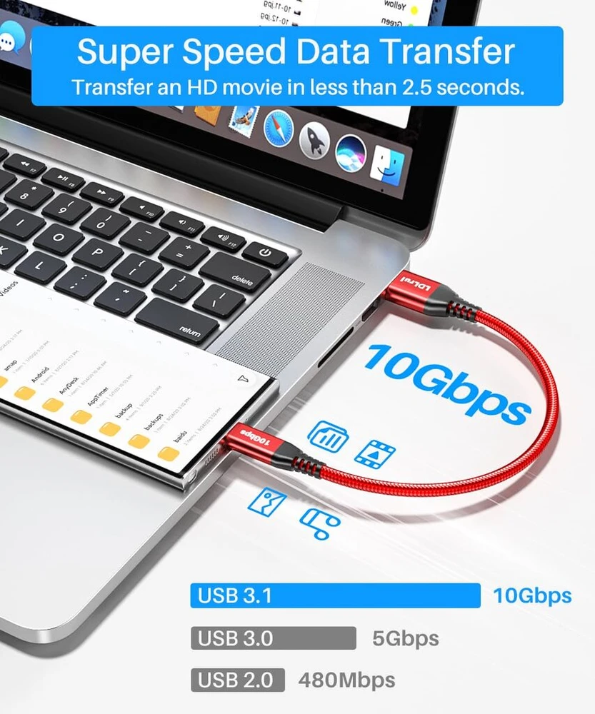 Usb-a į Usb-c 3.2 Gen 2 kabelis, 0.3m, 10gbps, 3.1a, raudonas