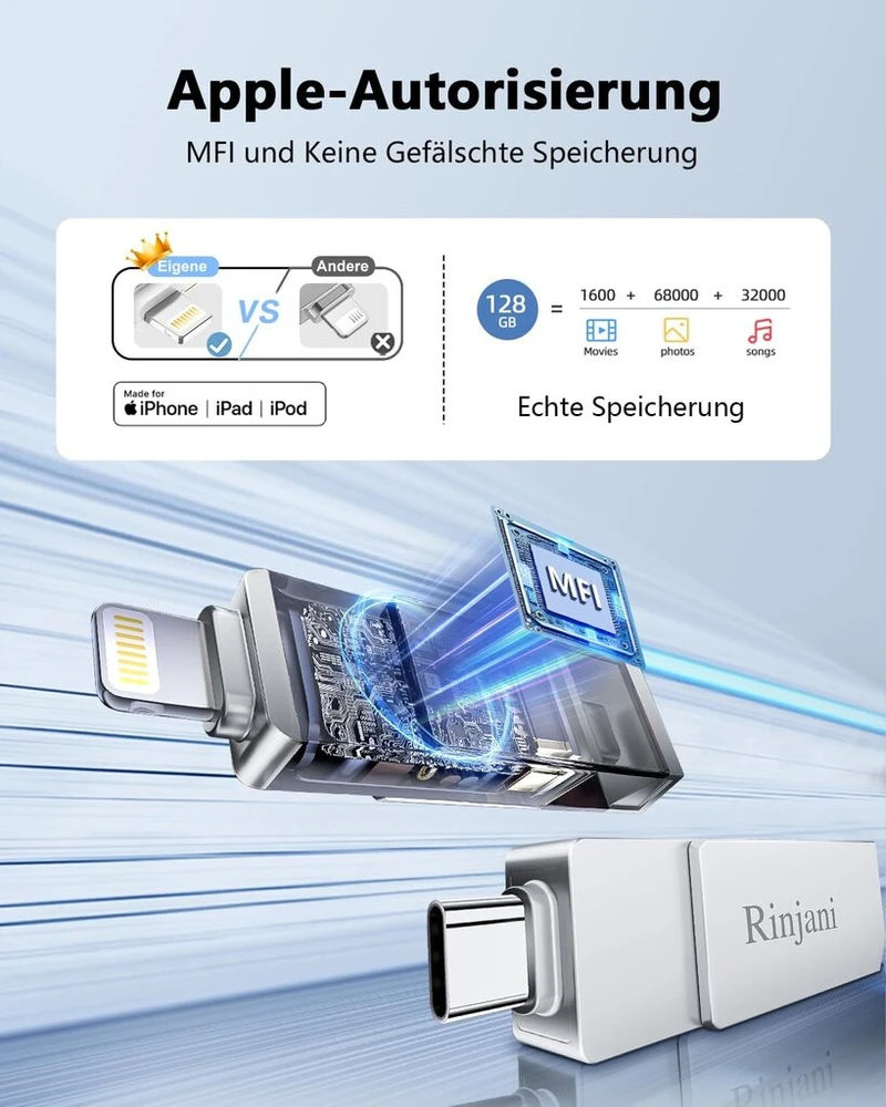 Usb atmintinė 128 gb, skirta iphone mfi lightning (be programėlės) rinjani usb c atmintinė, skirta iphone 15/16, otg android mobiliesiems telefonams, ipad, mac, planšetiniams kompiuteriams, pc, usb 3.0 atmintinė, nuotraukų atmintinė, išorinis ssd 3 vienam