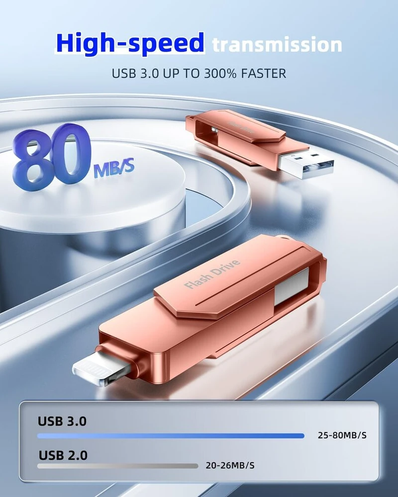 Usb atmintinė, skirta iphone 256 gb mfi sertifikuota 3 viename usb 3.0 lightning išorinė atmintis type c photostick atminties kortelė, skirta iphone/ipad/ios/android/mac/pc - išorinė atmintis (rožinė)