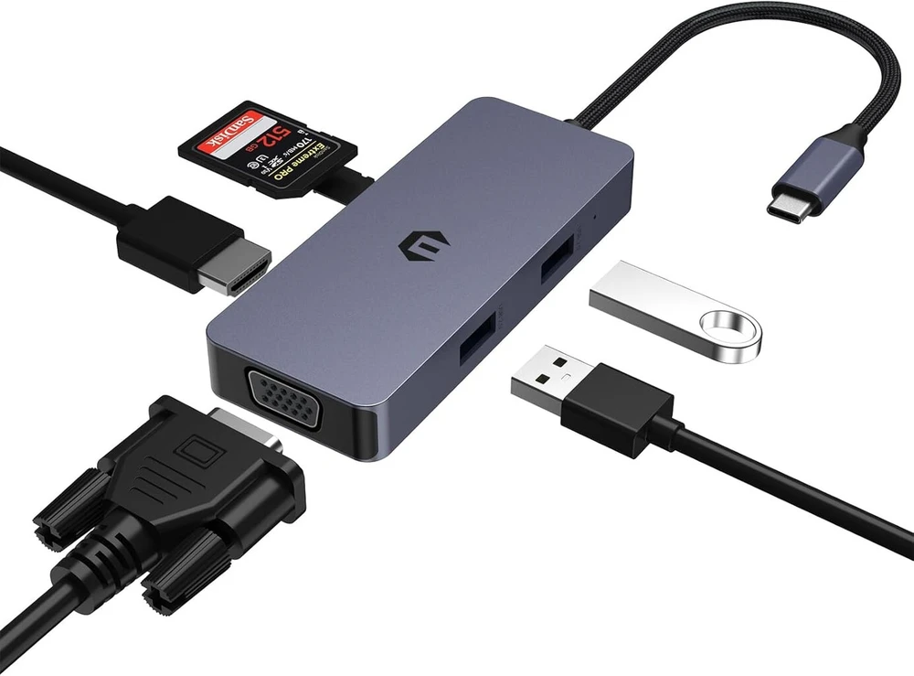 Usb c adapteris hub, usb c hub, 4k hdmi vga usb hub, 6 viename adapteris su usb a, usb 2.0, sd/tf kortelių skaitytuvu, suderinamas su mac, windows ir ios sistemų nešiojamaisiais kompiuteriais