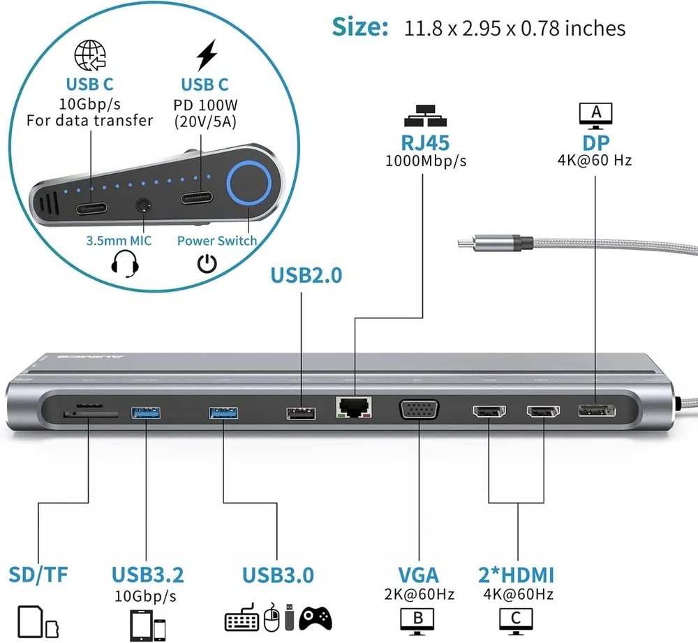 Usb-c Dokavimo stotelė 14-in-1 su 4k Hdmi, Dp, 10gbps