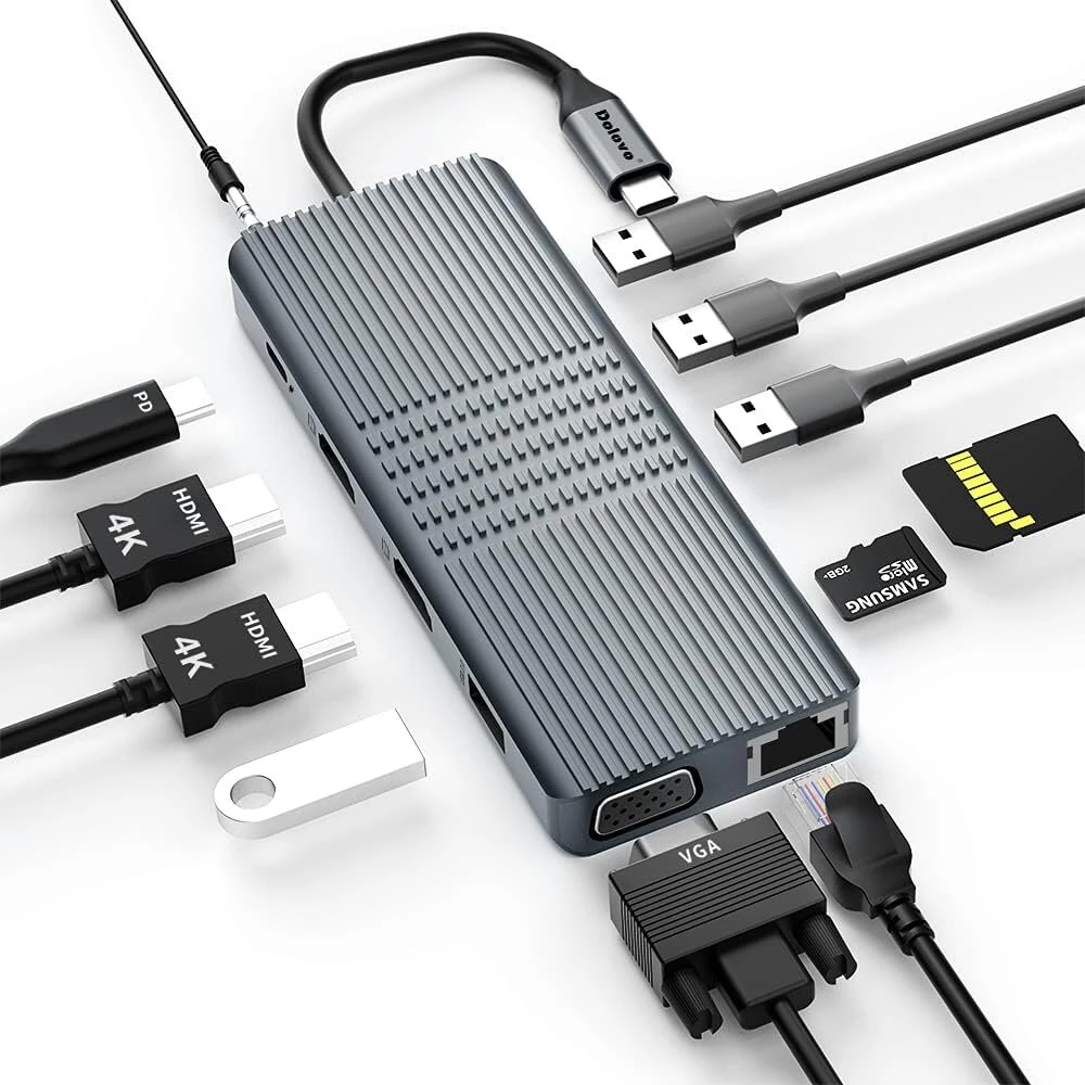 Usb c doko stotis 12 viename trigubas ekranas usb c šakotuvas adapteris su dvigubu 4k hdmi, vga, 100w pd prievadu, ethernet, 2 x usb 3.0 ir 2.0, sd/tf kortelių skaitytuvu, audio/mic