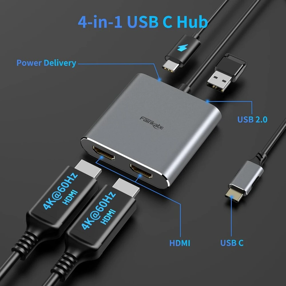 Usb-c į 2x Hdmi adapteris 4k@60hz, 100w Pd, Usb 3.0
