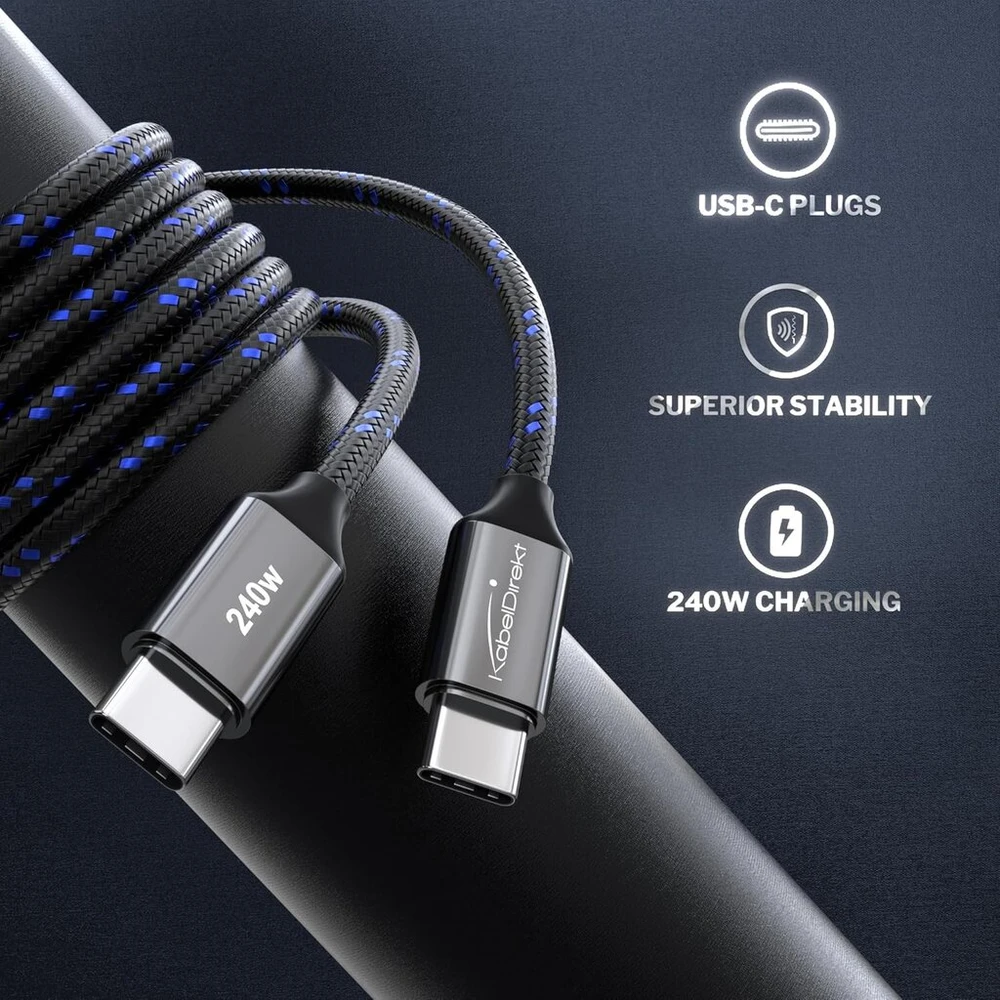 Usb-c kabelis 2x1m, greitas įkrovimas 240w, tvirtas nailono pynimas