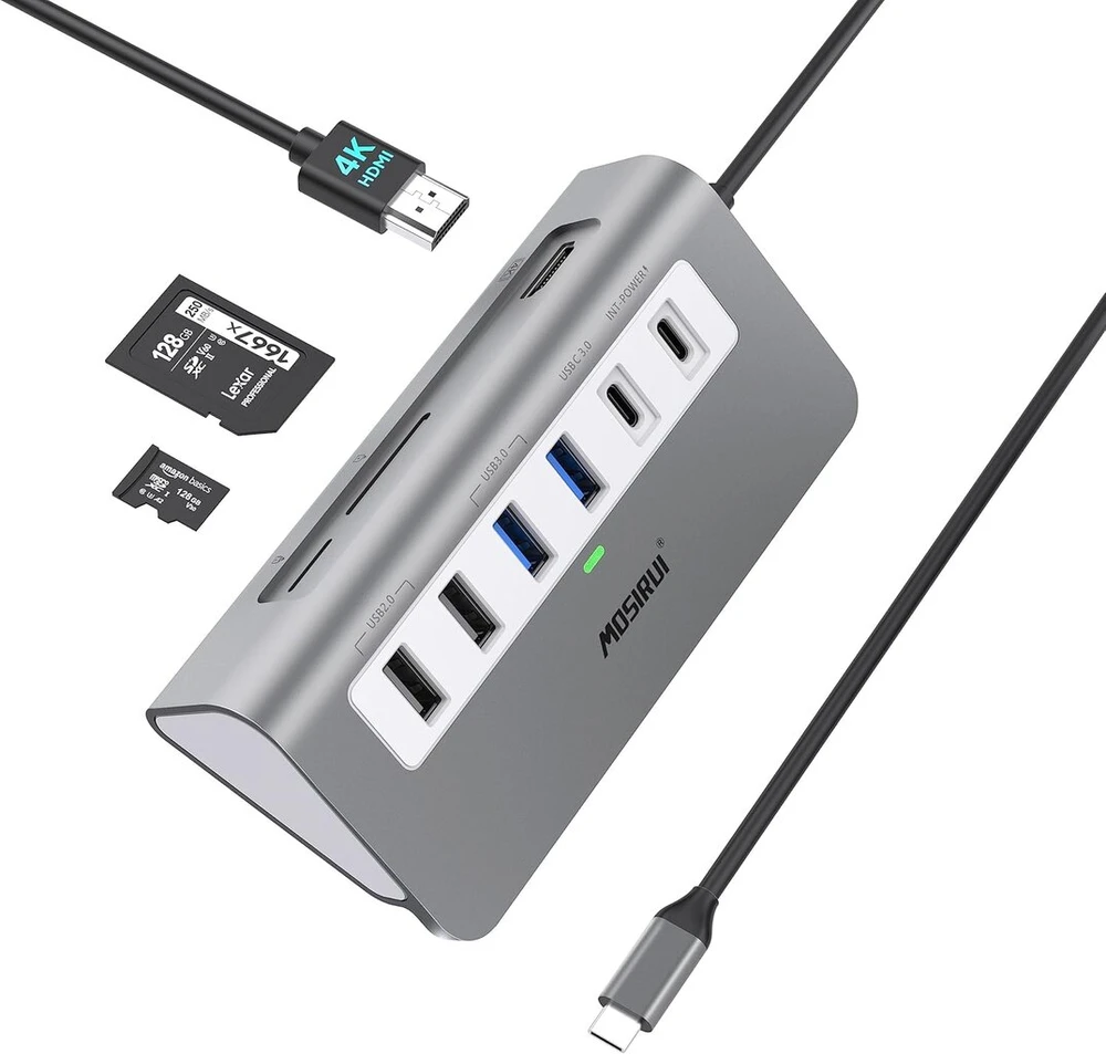 Usb c šakotuvas, 9-in-1 multiport adapterio šakotuvas usb c doko stotis su 4k hdmi, pd 100w, usb-a 3.0, sd ir tf, skirtas mac os/window, dell, hp ir kitiems type c įrenginiams