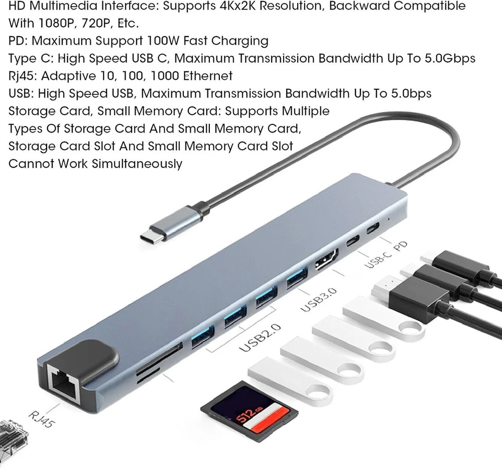 Usb-c šakotuvas su 4k hdmi ekranu, doko stotis, daugiafunkcinis multiport usb c šakotuvas pagamintas iš aliuminio lydinio su dideliu perdavimo greičiu nešiojamam kompiuteriui ir daugiau