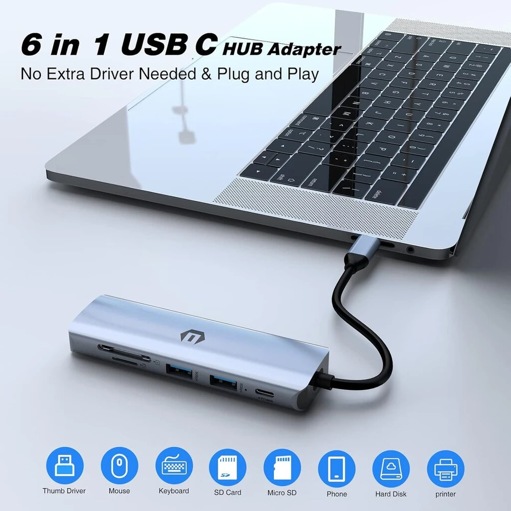 Usb c šakotuvas, usb 3.0 šakotuvas, 6 viename usb c dokas su 2 x usb 3.0, 4k hdmi, 100w pd, sd/tf kortelių skaitytuvas, suderinamas su nešiojamuoju kompiuteriu, windows, macos, chrome os sistemomis