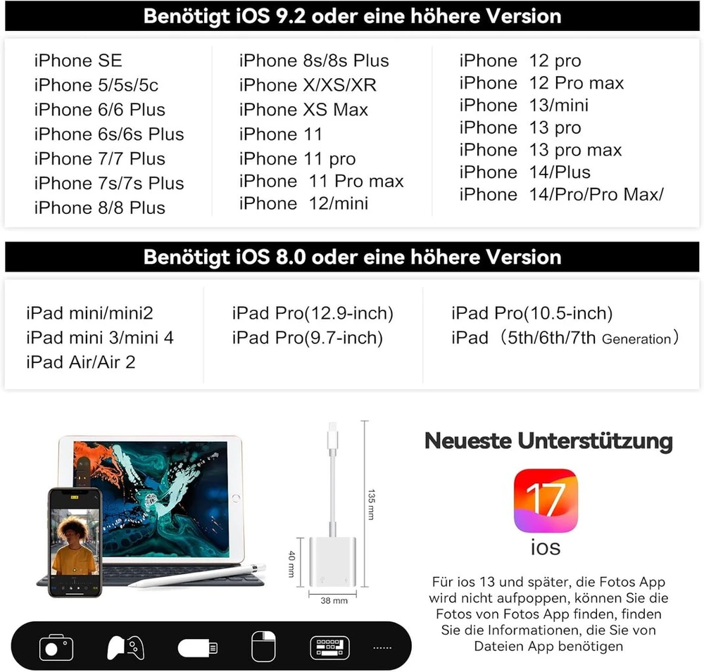 Usb kameros adapteris, usb lizdo otg adapteris suderinamas su telefonu, nešiojamas usb adapteris telefonui su įkrovimo prievadu, usb adapteris, nereikia programos, palaiko kortelių skaitytuvą (baltas)