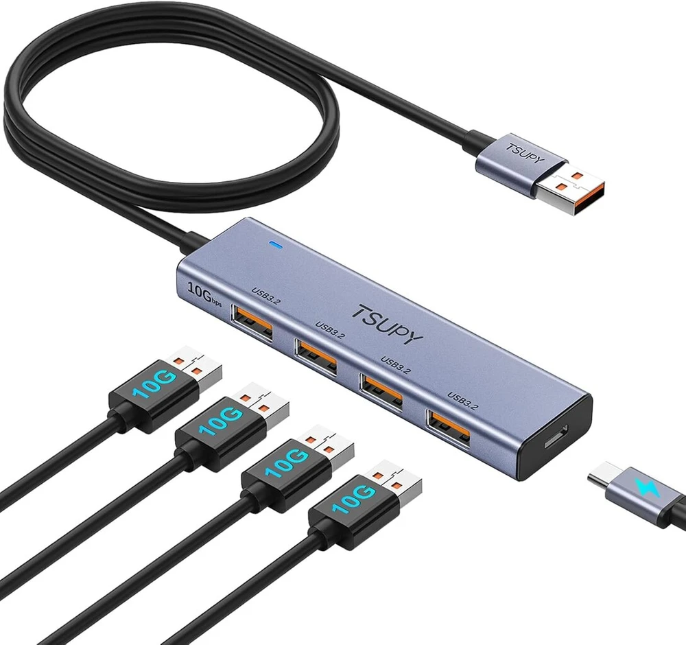 Usb šakotuvas 3.2 gen 2, tsupy usb šakotuvas 10 gbps usb skirstytuvas su 120 cm kabeliu, suderinamas su nešiojamaisiais kompiuteriais, staliniais kompiuteriais, XBOX ir mac ir kt.