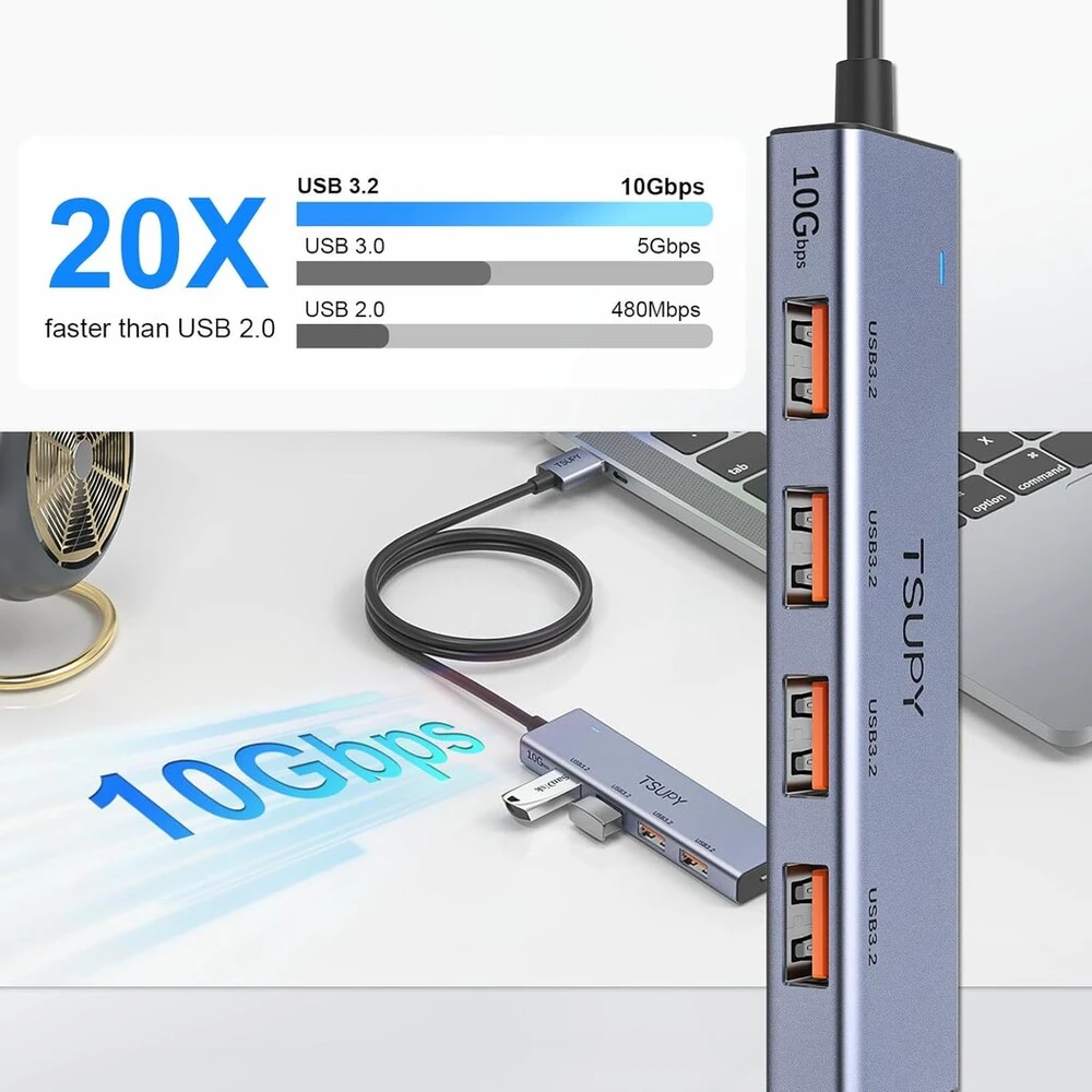 Usb šakotuvas 3.2 gen 2, tsupy usb šakotuvas 10 gbps usb skirstytuvas su 120 cm kabeliu, suderinamas su nešiojamaisiais kompiuteriais, staliniais kompiuteriais, XBOX ir mac ir kt.