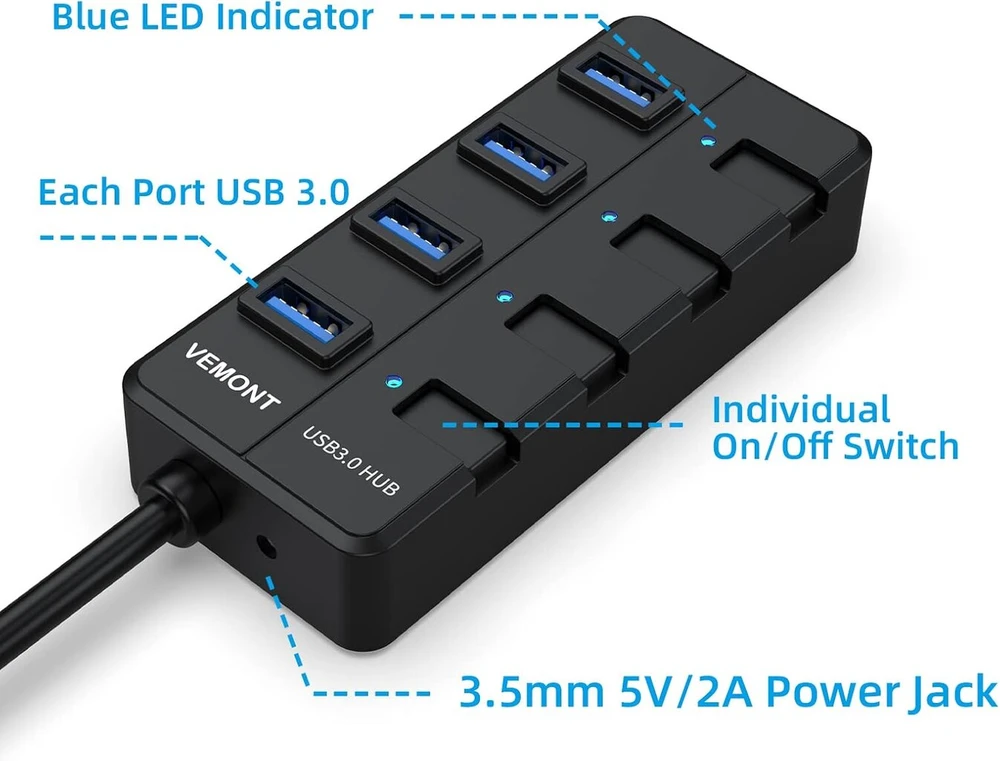 Usb šakotuvas su maitinimo šaltiniu, vemont 4 prievadų usb 3.0 šakotuvas usb skirstytuvas aktyvus adapteris ir vienas įjungimo/išjungimo jungiklis 1,2 m ilgio kabelis su 5 v/3 a maitinimo šaltinio adapteriu, skirtas pc/nešiojamiesiems kompiuteriams ir ult