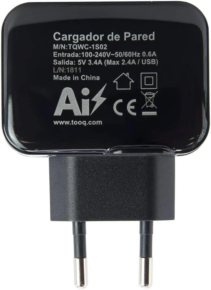 Usb sieninis įkroviklis su ai tech technologija, juodas, suteikia 2 usb prievadus ir bendrą 3.4a išvestį. idealiai tinka efektyviam ir saugiam mobiliųjų įrenginių įkrovimui