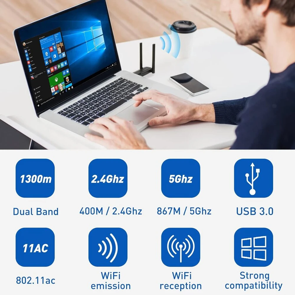 Usb wlan adapteris kompiuteriui - interneto raktas 1300 mbps usb 3.0 dual band 2.4ghz/5.8ghz wlan adapteris kompiuteriui su 2 x 5dbi antena, suderinamas su windows 11/10/8/7/vista/xp, mac os 10.9-10.15