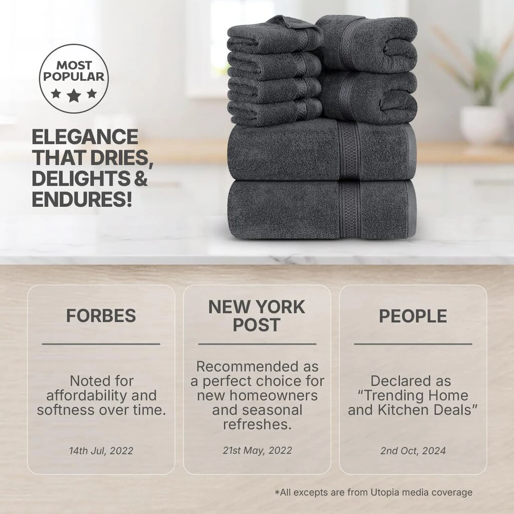 Rankšluostis Utopia Towels 8 dalių medvilninių rankšluosčių rinkinys su pakaba, 2 vonios rankšluosčiai, 2 rankų rankšluosčiai ir 4 prausimosi servetėlės, pilka