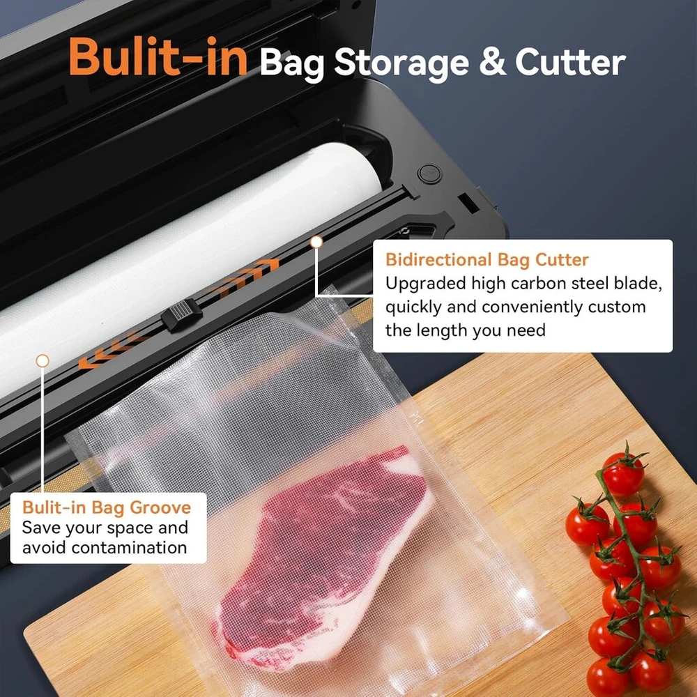 Kondicionierius Vacuum sealer 8-in-1 vacuum sealer 80kpa food dry/wet mode su įmontuotu pjaustytuvu ir maišelių laikikliu, oro siurbimo žarna, skaitmeninis atgalinis skaičiavimas, maišelių rulonas, 11 vakuuminių maišelių