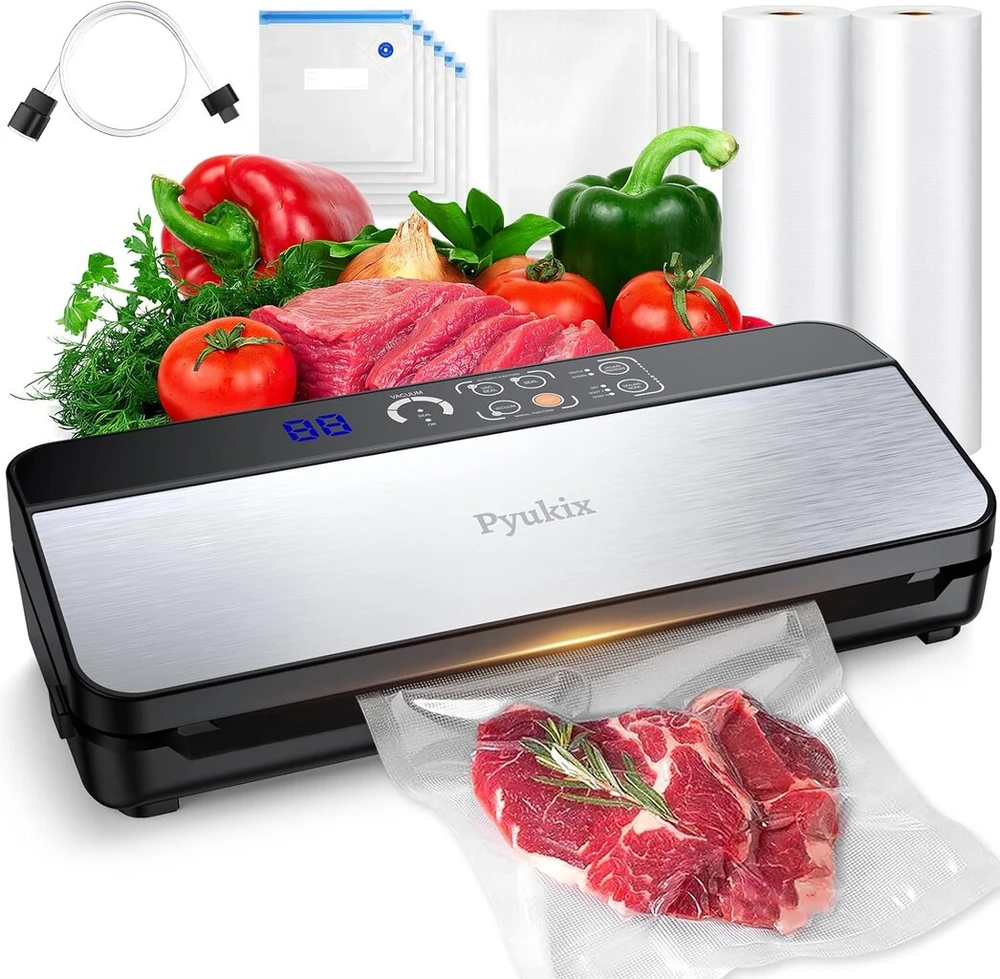Kondicionierius Vacuum sealer 8-in-1 vacuum sealer 80kpa food dry/wet mode su įmontuotu pjaustytuvu ir maišelių laikikliu, oro siurbimo žarna, skaitmeninis atgalinis skaičiavimas, maišelių rulonas, 11 vakuuminių maišelių